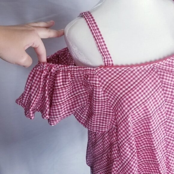 Walter Baker Riley Cold Shoulder Gingham crop top Red Plaid Off the Shoulder Med - Picture 3 of 8